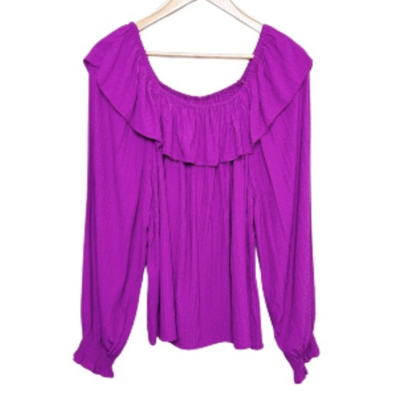 New with Tag Knox Rose Womens Purple Ruffle Polka Dot Texture Long Sleeve Blouse - Picture 2 of 16